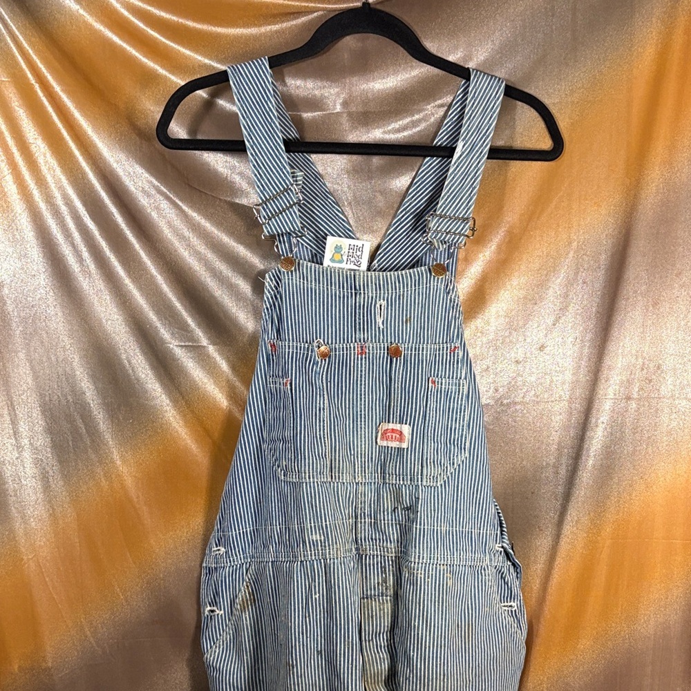 Vintage super trashed Round House Blue‎ and White Striped Overalls 38 x 30. B63